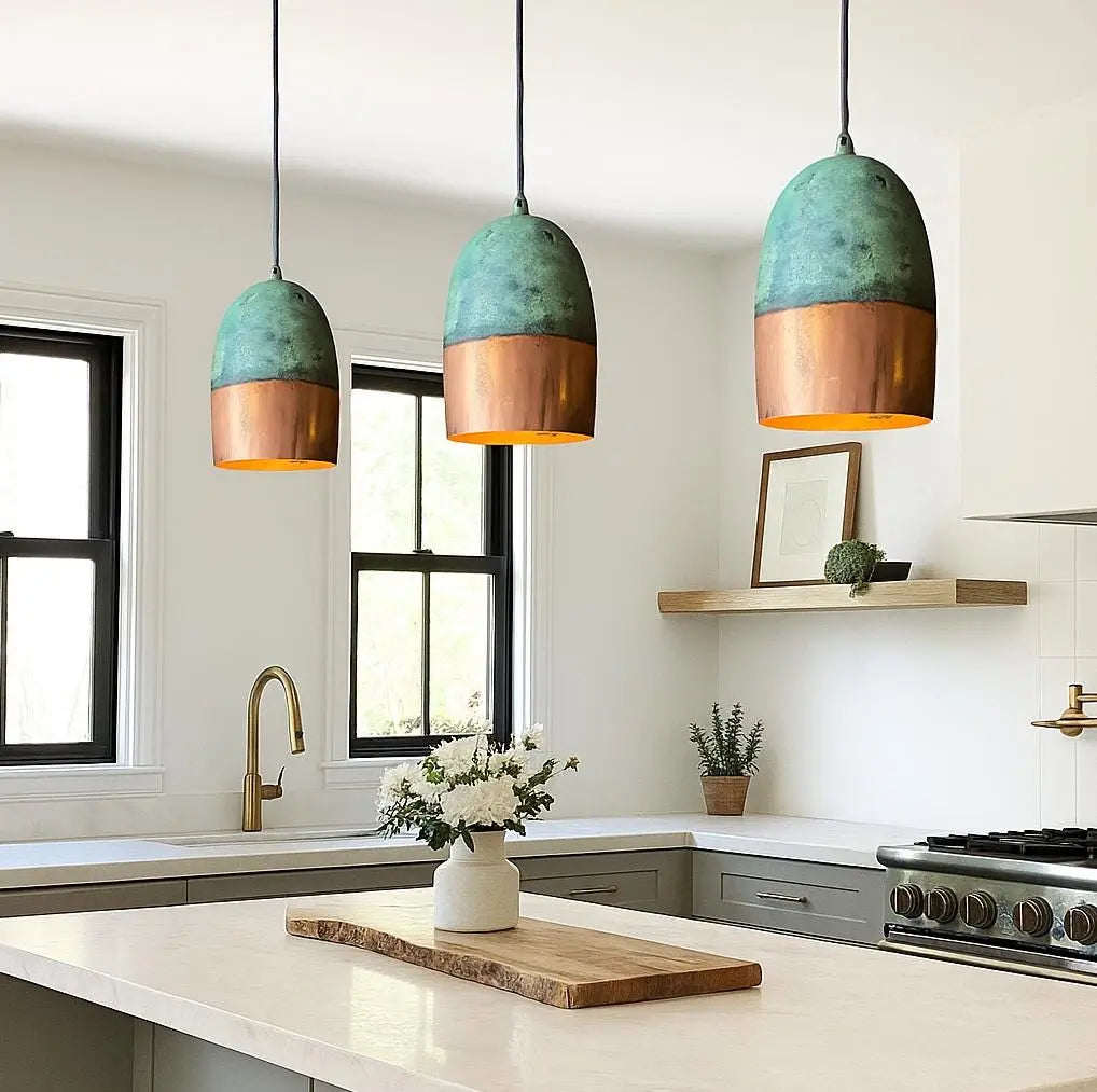 Handmade Copper Pendant Light – Half Patina Cylinder Lamp – Moroccan Kitchen Island Lighting – Rustic Hanging Light Fixture Soukdecor