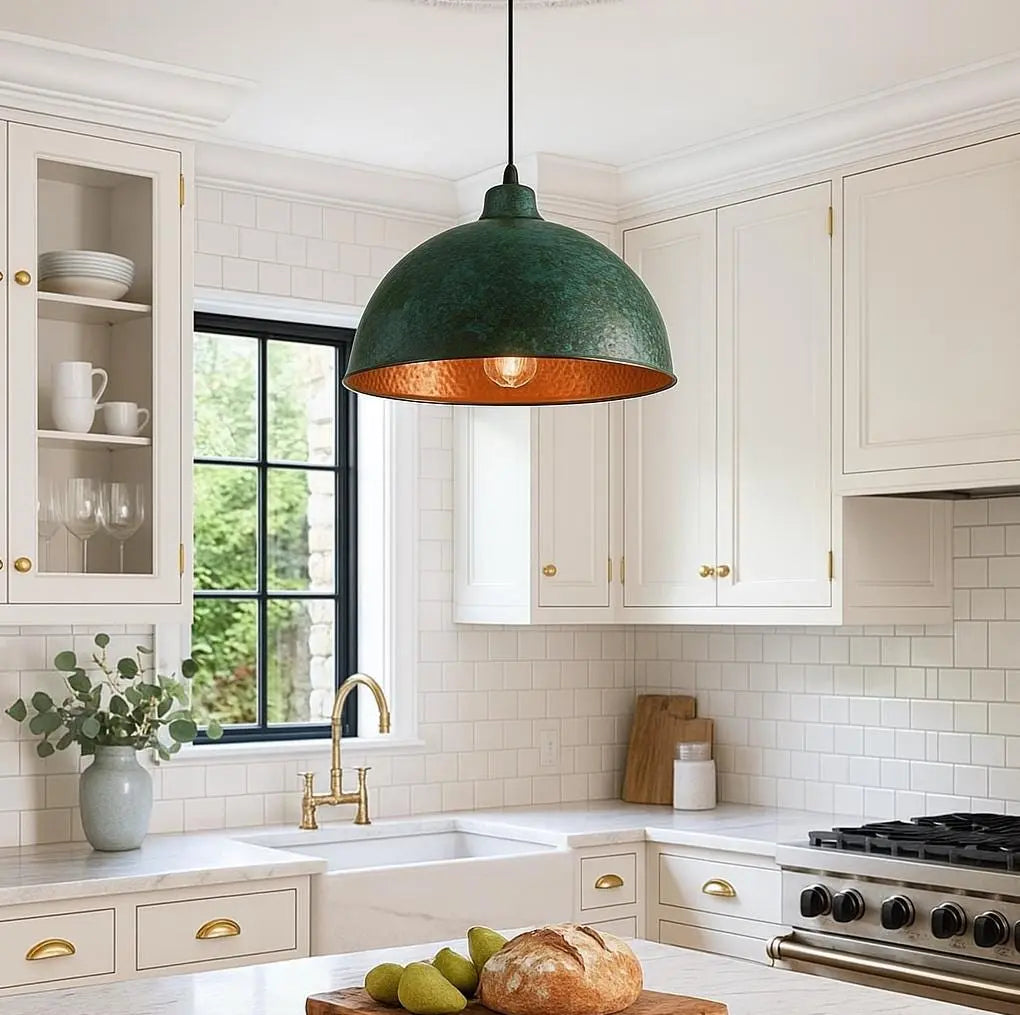 Handmade Patina Copper Pendant Light – Hammered Dome Kitchen Lamp – Moroccan Rustic Ceiling Fixture – Green &amp; Copper Lighting Soukdecor