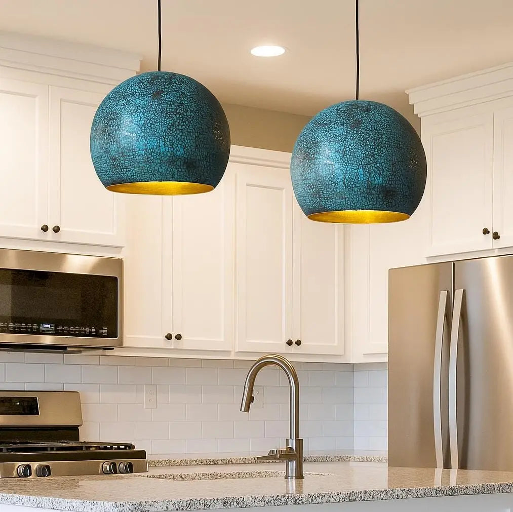 Handmade Round Pendant Light – Moroccan Turquoise Hammered Brass Globe – Boho Kitchen Island Lighting – Gold Interior Lamp Soukdecor
