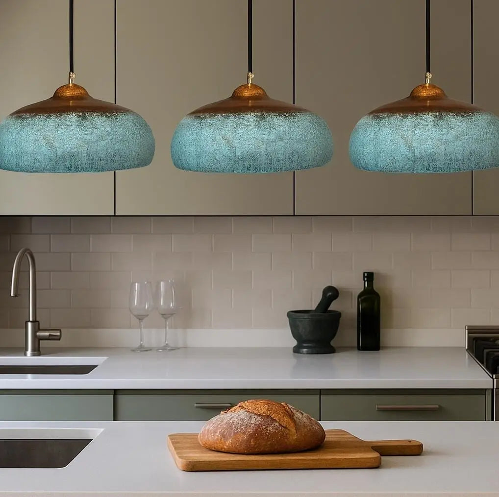 Handmade Wide Dome Pendant Light – Copper &amp; Patina Ceiling Lamp – Moroccan Kitchen Island Lighting – Rustic Boho Hanging Fixture Soukdecor