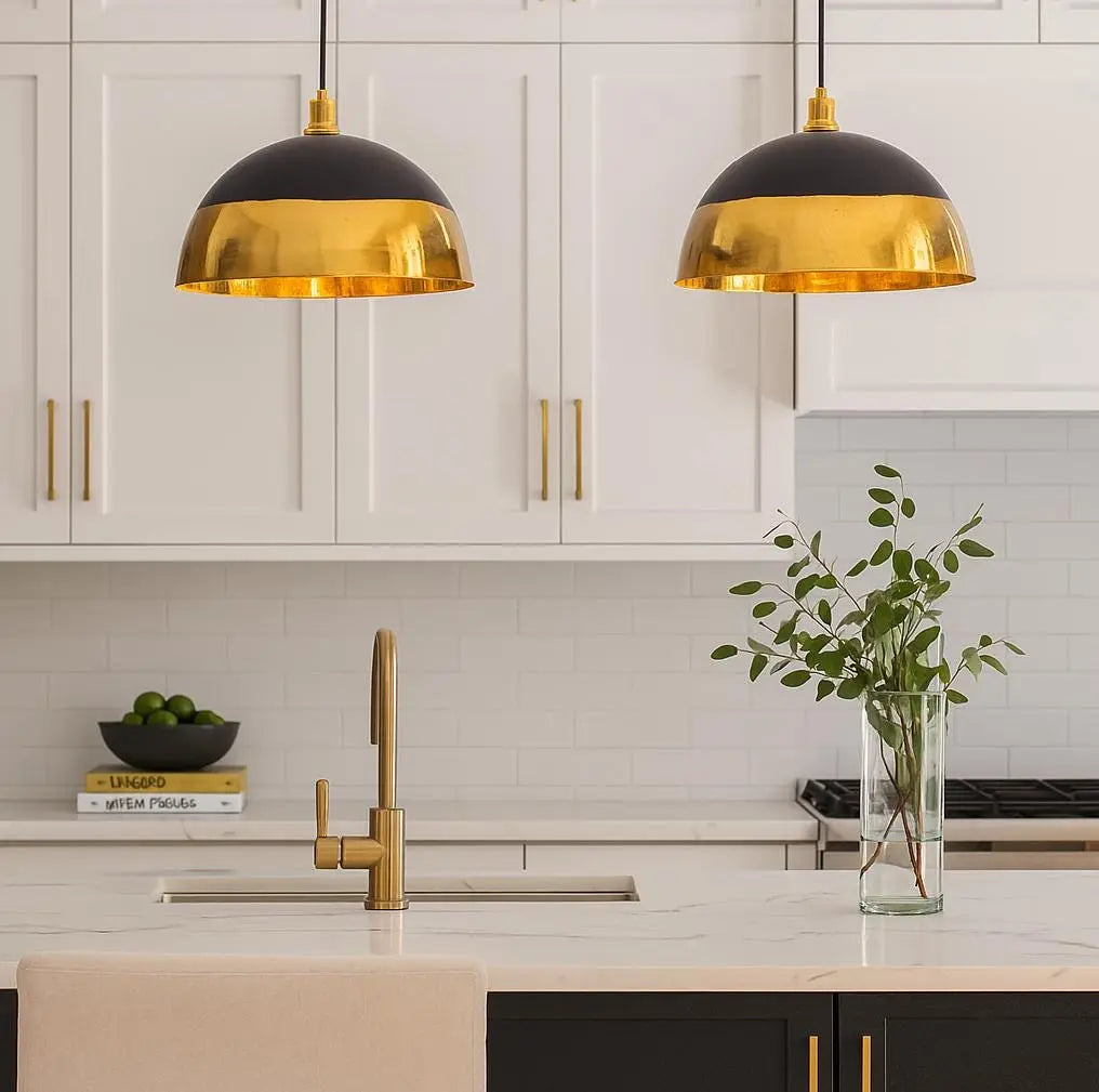 Handmade Brass Dome Pendant Light – Black &amp; Gold Ceiling Lamp – Modern Kitchen Island Lighting – Moroccan Artisan Hanging Fixture Soukdecor