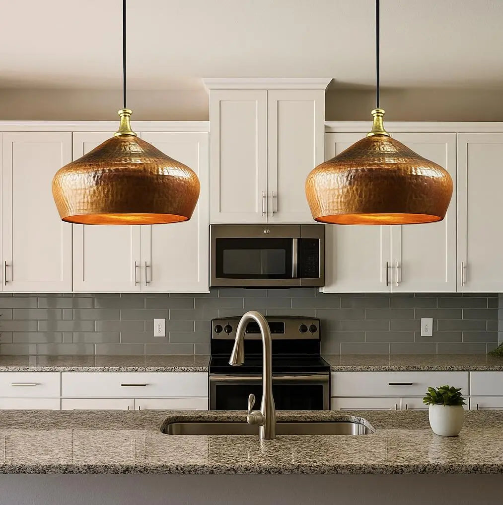 Handmade Hammered Copper Pendant Light – Moroccan Flared Dome Lamp – Rustic Kitchen Island Lighting – Brass Top Ceiling Fixture Soukdecor