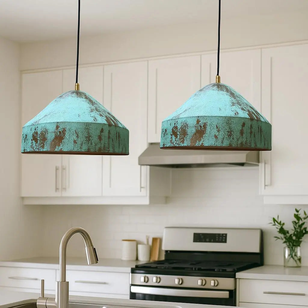 Rustic Green Patina Copper Pendant Light – Handmade Ceiling Lamp for Kitchen, Farmhouse, or Industrial Decor Soukdecor