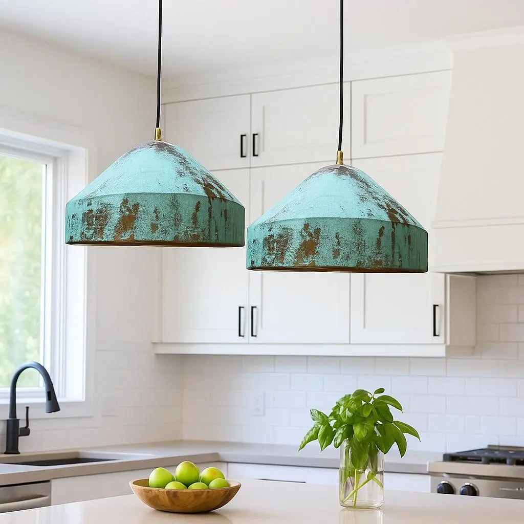 Rustic Green Patina Copper Pendant Light – Handmade Ceiling Lamp for Kitchen, Farmhouse, or Industrial Decor Soukdecor