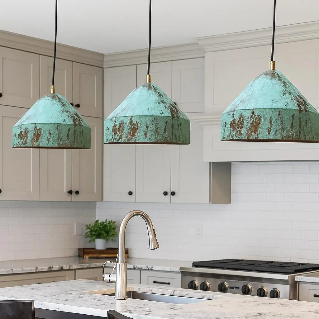 Rustic Green Patina Copper Pendant Light – Handmade Ceiling Lamp for Kitchen, Farmhouse, or Industrial Decor Soukdecor
