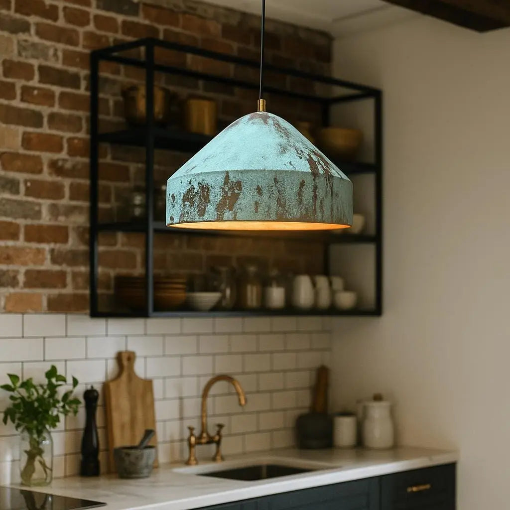 Rustic Green Patina Copper Pendant Light – Handmade Ceiling Lamp for Kitchen, Farmhouse, or Industrial Decor Soukdecor