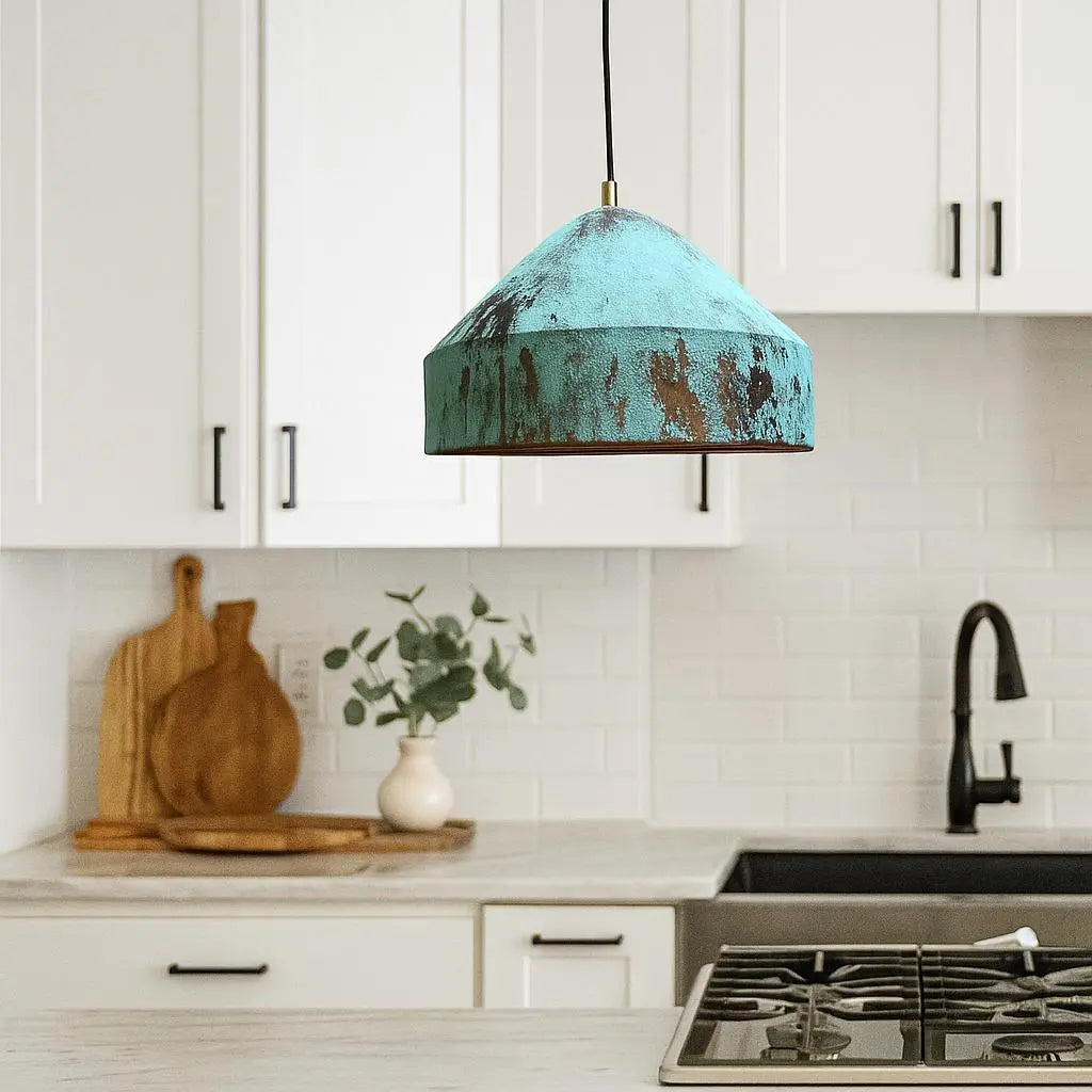Rustic Green Patina Copper Pendant Light – Handmade Ceiling Lamp for Kitchen, Farmhouse, or Industrial Decor Soukdecor