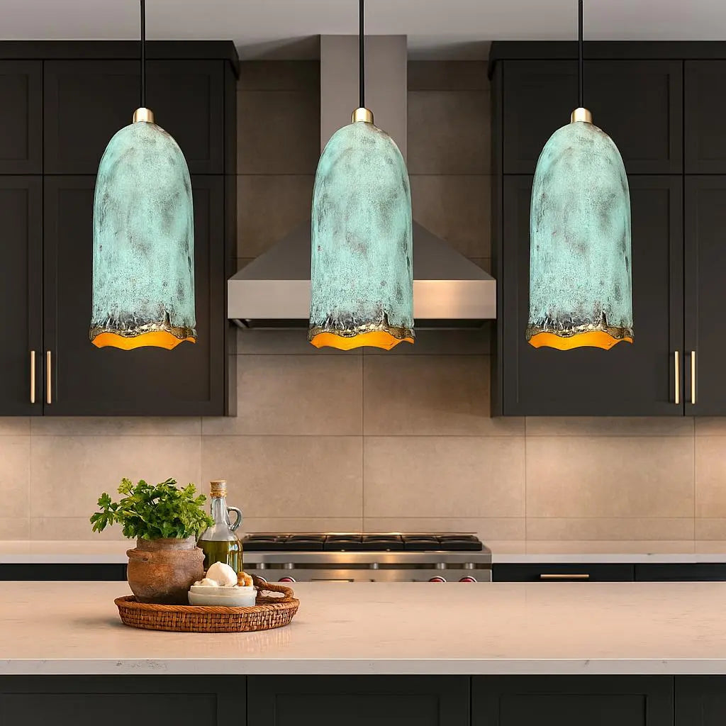Handmade Patina Copper Pendant Light – Rustic Bell-Shaped Ceiling Lamp for Kitchen or Dining Room Soukdecor
