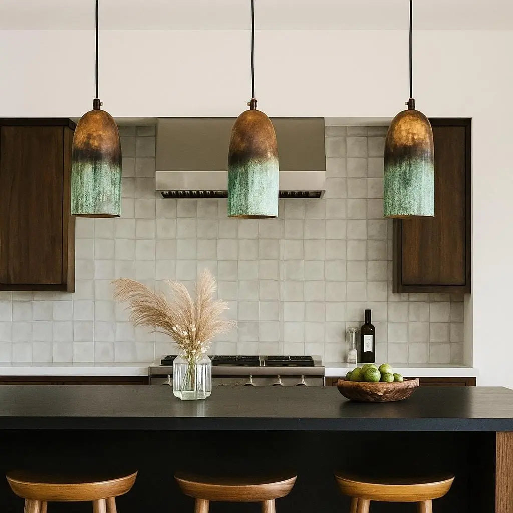 Handmade Copper Pendant Light – Rustic Patina Cylinder Ceiling Lamp for Kitchen or Modern Interiors Soukdecor