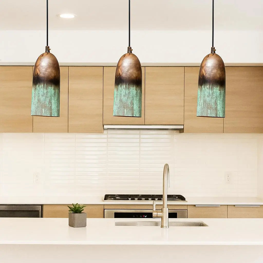 Handmade Copper Pendant Light – Rustic Patina Cylinder Ceiling Lamp for Kitchen or Modern Interiors Soukdecor