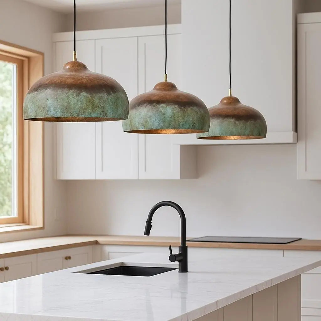 Large Rustic Copper Pendant Light – Handmade Green Patina Dome Lamp for Kitchen Island or Dining Room Soukdecor