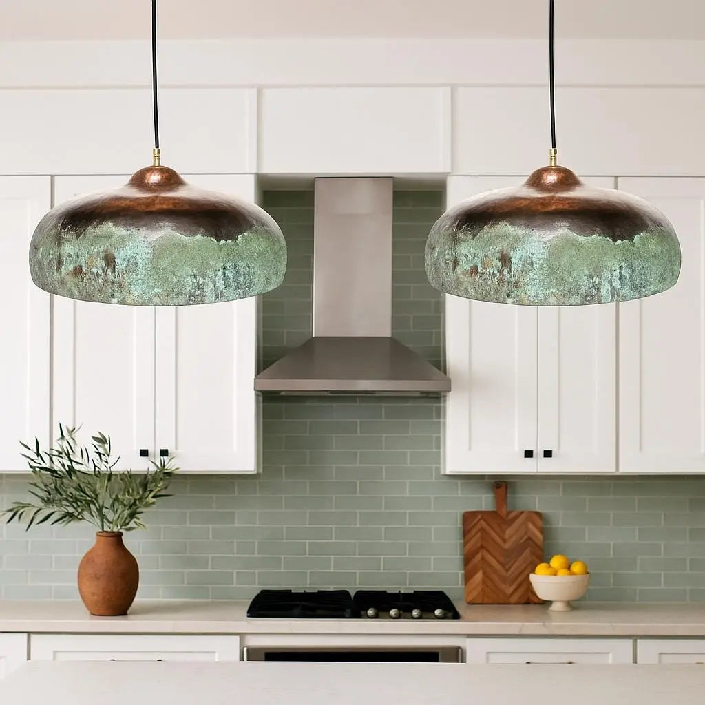 Large Rustic Copper Pendant Light – Handmade Green Patina Dome Lamp for Kitchen Island or Dining Room Soukdecor