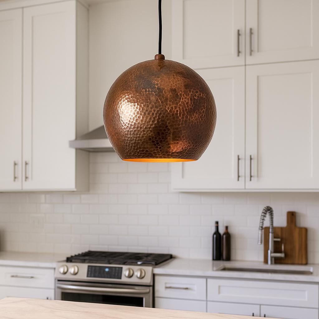 Hammered Brass Pendant Light, Warm Patina Finish for Kitchen or Entryway