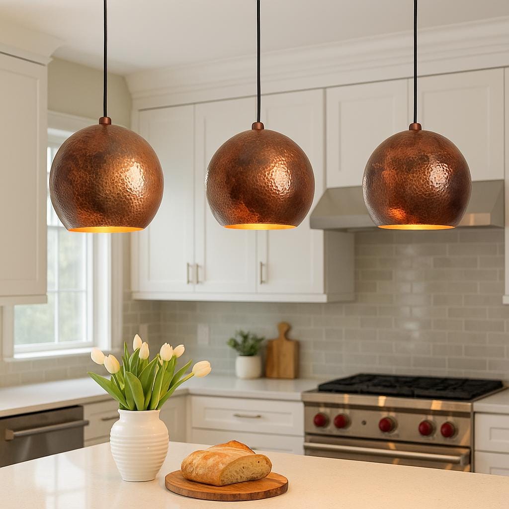 Hammered Brass Pendant Light, Warm Patina Finish for Kitchen or Entryway
