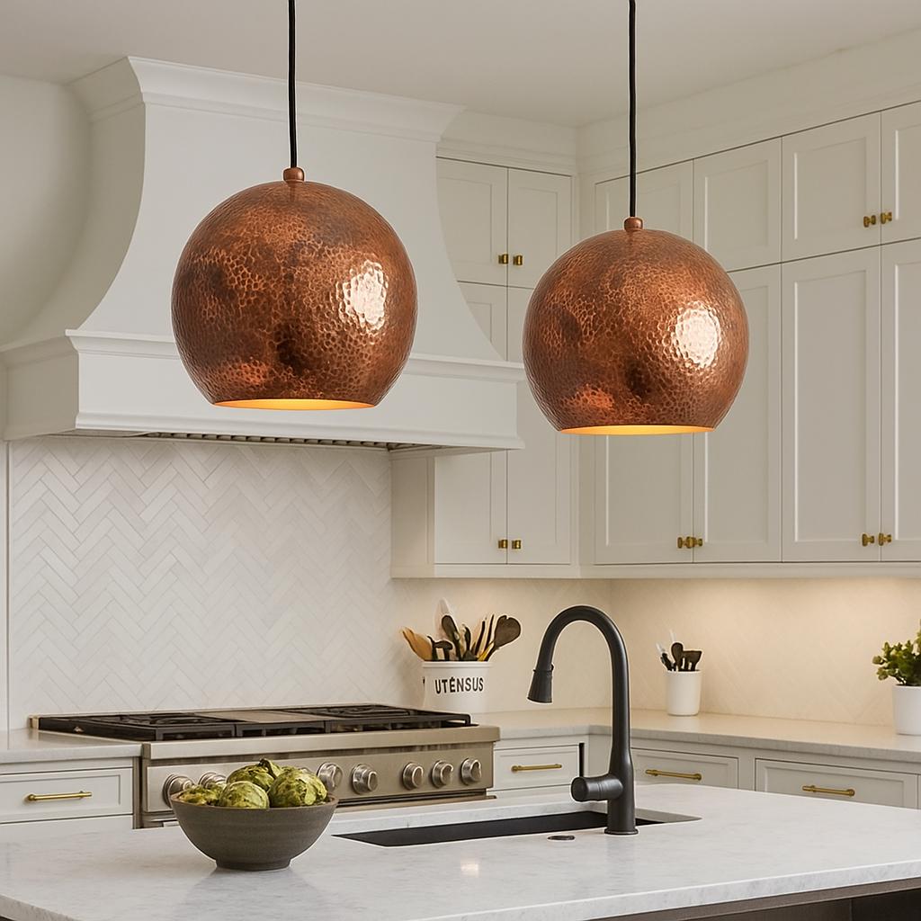 Hammered Brass Pendant Light, Warm Patina Finish for Kitchen or Entryway