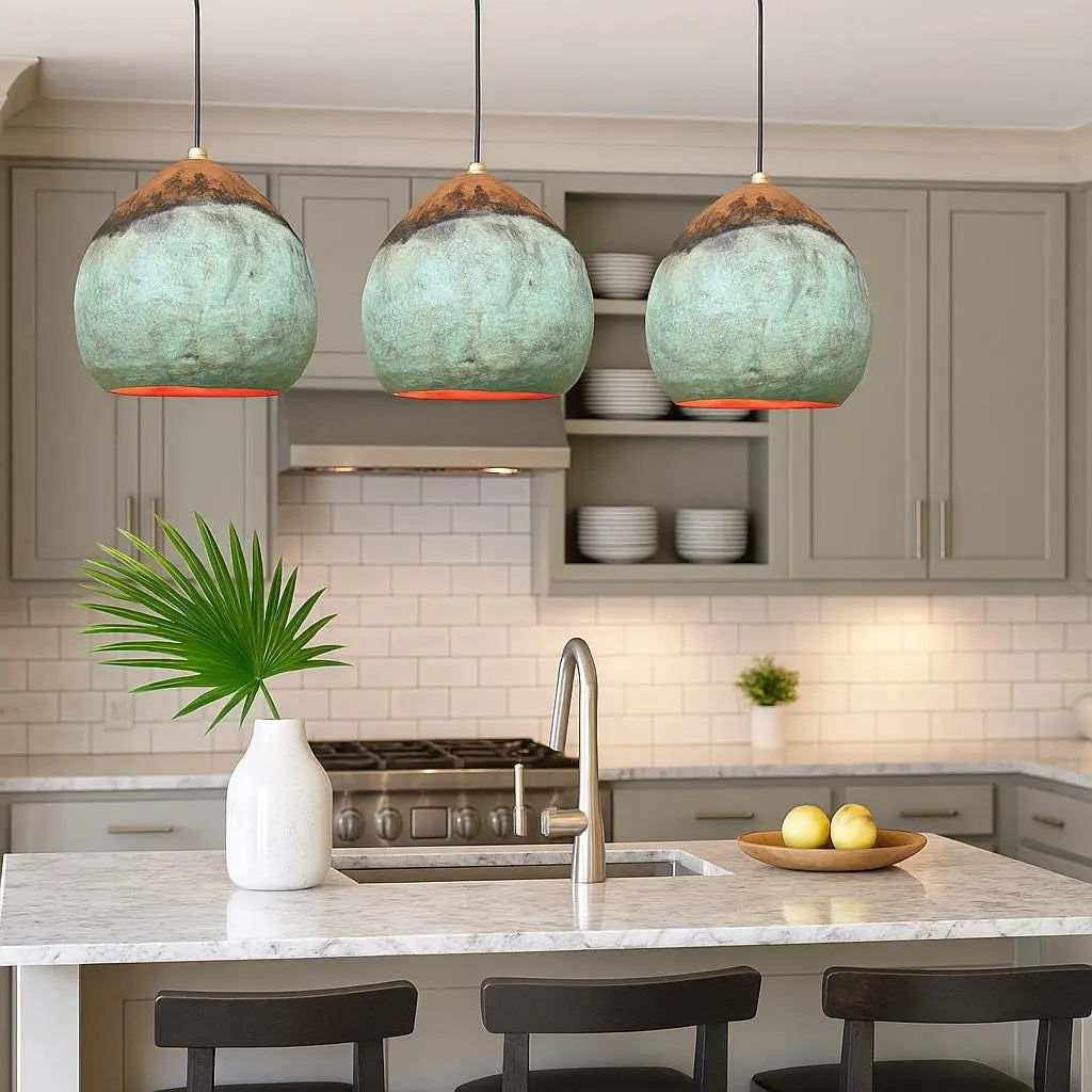 Handmade Oxidized Copper Pendant Light – Rustic Patina Ceiling Lamp – Artisan Hanging Light for Kitchen or Entryway Soukdecor