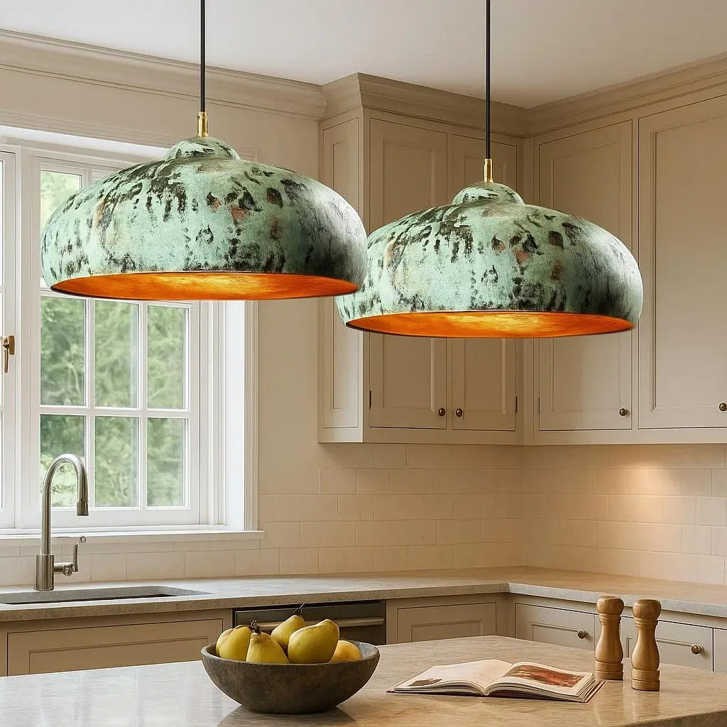 Handmade Patina Copper Pendant Light – Wide Dome Kitchen Ceiling Lamp – Rustic Industrial Hanging Fixture for Home Decor Soukdecor