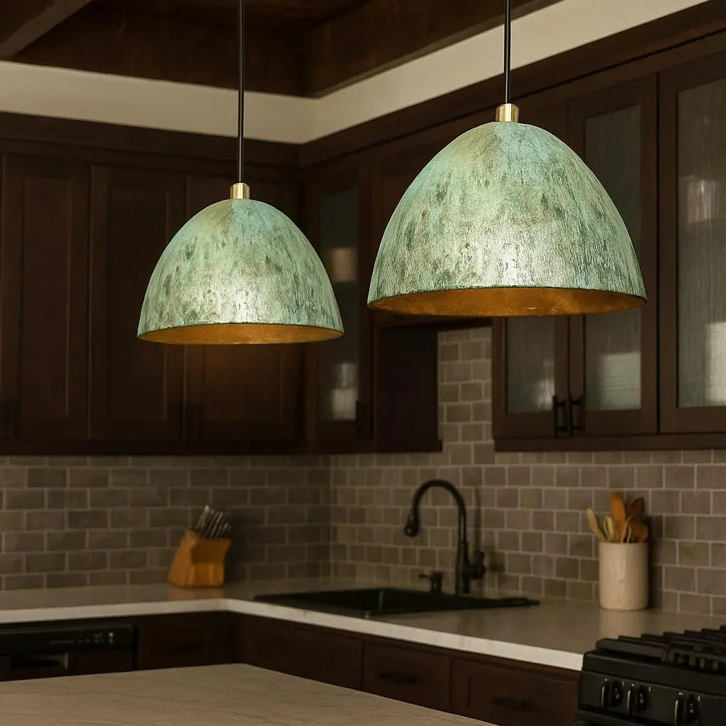 Handmade Patina Dome Pendant Light – Minimalist Copper Interior Hanging Lamp – Rustic Modern Ceiling Light for Kitchen or Dining Soukdecor