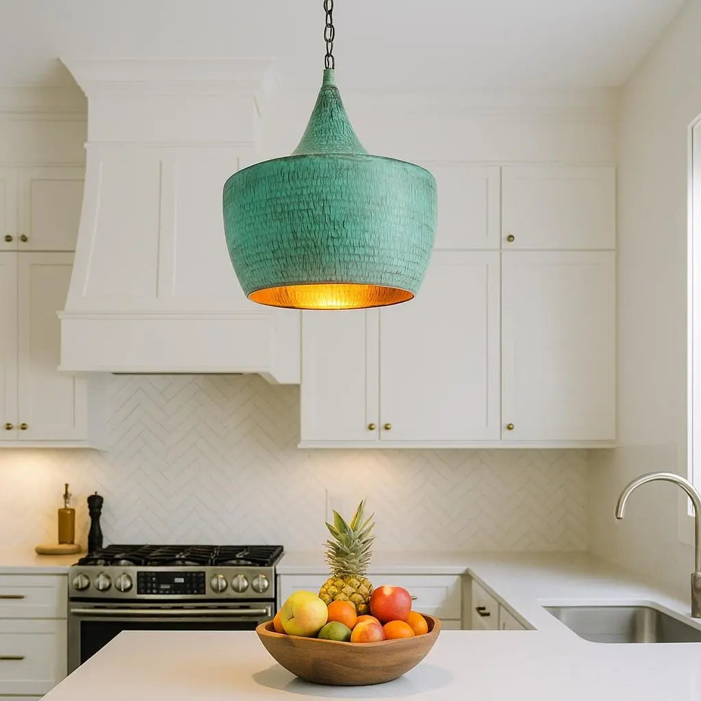 Handmade Patina Pendant Light – Tapered Rustic Copper Interior Lamp – Boho Kitchen Ceiling Light – Artisan Hanging Lighting Fixture Soukdecor
