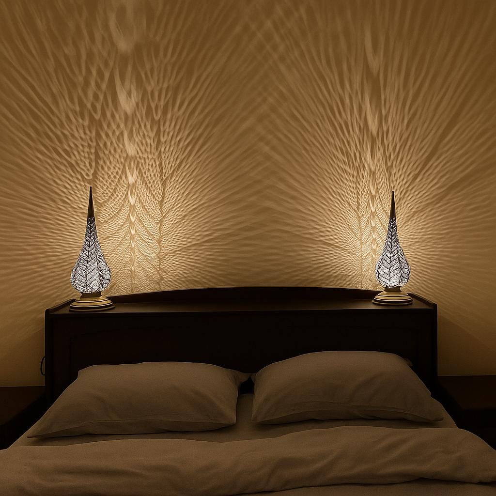 Handmade Moroccan Leaf Table Lamp – Brass Shadow Light – Tall Ambient Bedside Lamp for Boho Bedroom or Relaxing Home Decor