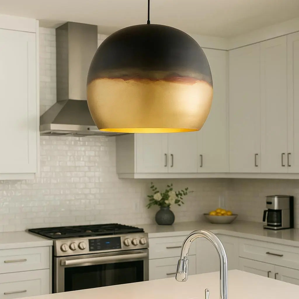 Black and Gold Dome Pendant Light – Modern Handmade Brass Ceiling Lamp for Kitchen or Dining Room Soukdecor