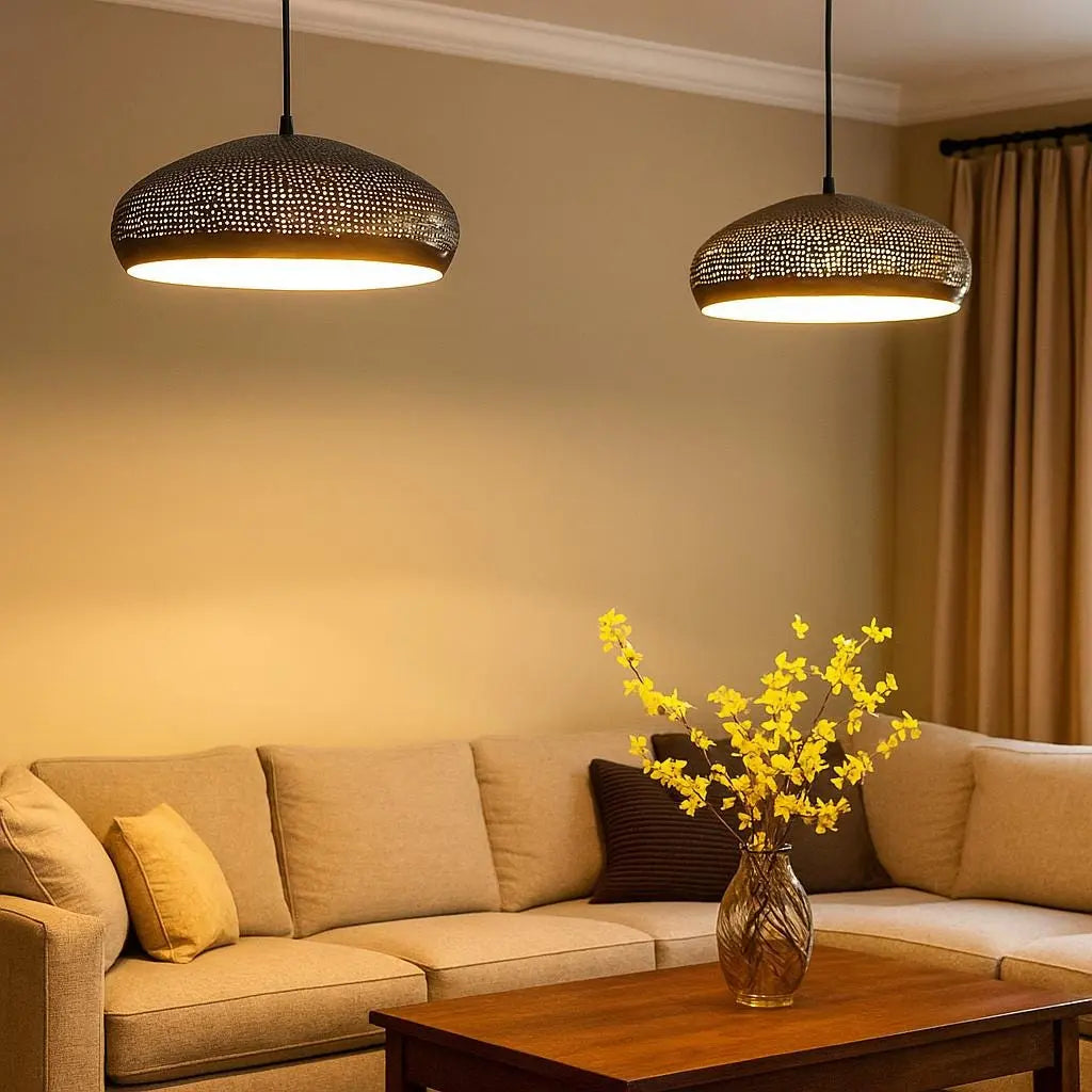 Perforated Dome Pendant Light – Handcrafted Black Brass Moroccan Ceiling Lamp Soukdecor