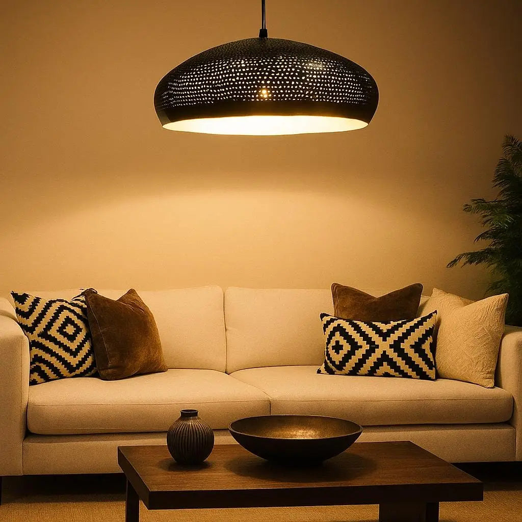 Perforated Dome Pendant Light – Handcrafted Black Brass Moroccan Ceiling Lamp Soukdecor