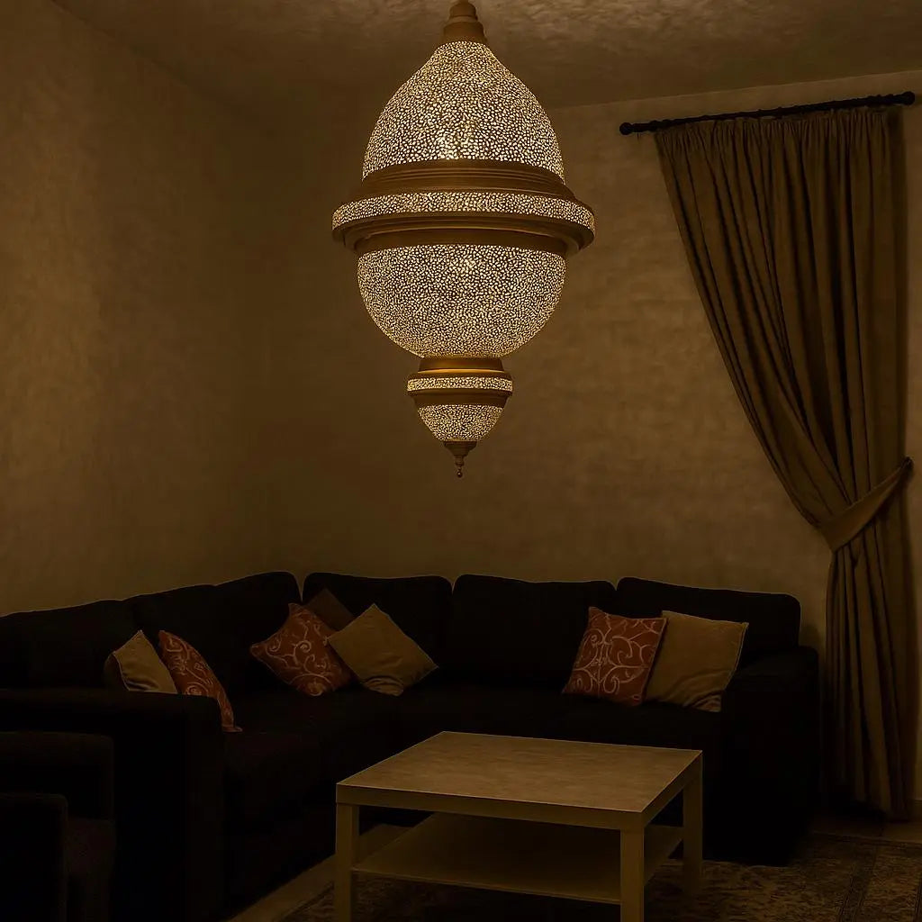 Triple Moroccan Pendant Chandelier – Handmade Brass Ceiling Light for Living Room Soukdecor