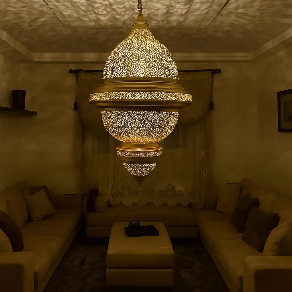 Triple Moroccan Pendant Chandelier – Handmade Brass Ceiling Light for Living Room Soukdecor