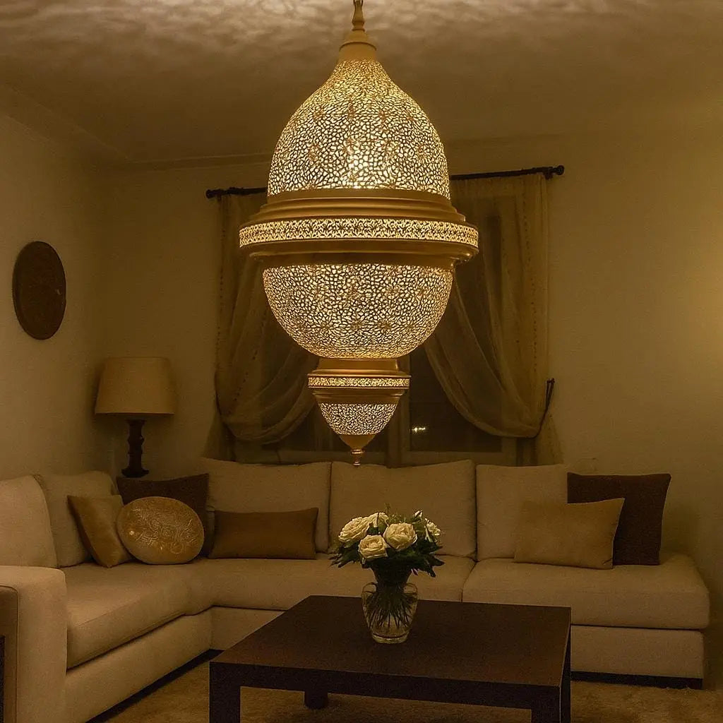 Triple Moroccan Pendant Chandelier – Handmade Brass Ceiling Light for Living Room Soukdecor