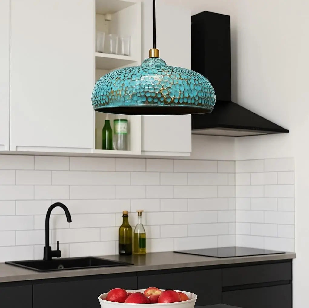 Handmade Moroccan Brass Pendant Light – Turquoise Hammered Hanging Lamp – Patina Dome Ceiling Fixture – Boho Kitchen or Dining Light Soukdecor