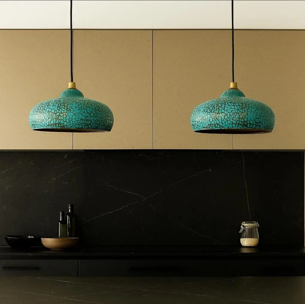 Handmade Moroccan Brass Pendant Light – Turquoise Hammered Hanging Lamp – Patina Dome Ceiling Fixture – Boho Kitchen or Dining Light Soukdecor