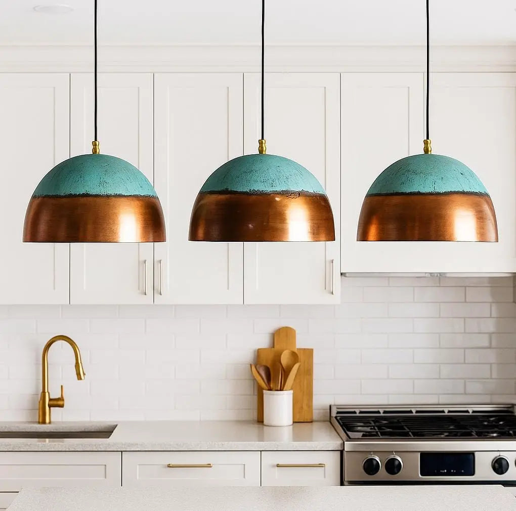 Handmade Copper Pendant Light – Half Patina Hanging Lamp – Moroccan Dome Ceiling Fixture – Rustic Kitchen Island Lighting Soukdecor
