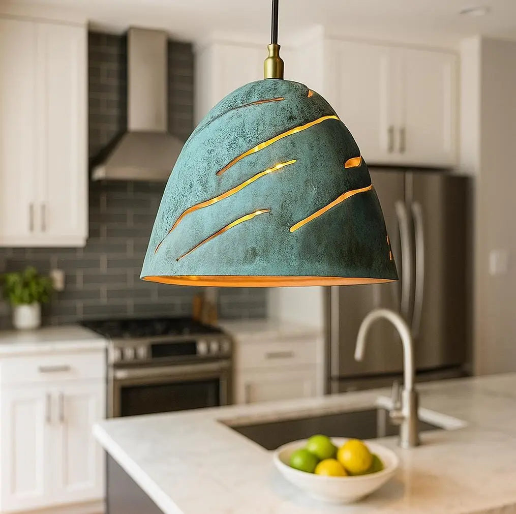 Handmade Patina Pendant Light – Moroccan Cutout Dome Lamp – Turquoise Ceiling Fixture – Boho Rustic Kitchen Island Lighting Soukdecor