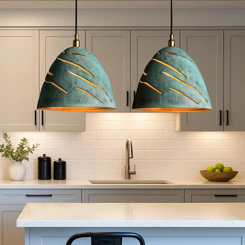 Handmade Patina Pendant Light – Moroccan Cutout Dome Lamp – Turquoise Ceiling Fixture – Boho Rustic Kitchen Island Lighting Soukdecor