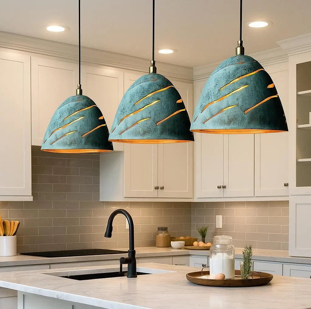 Handmade Patina Pendant Light – Moroccan Cutout Dome Lamp – Turquoise Ceiling Fixture – Boho Rustic Kitchen Island Lighting Soukdecor