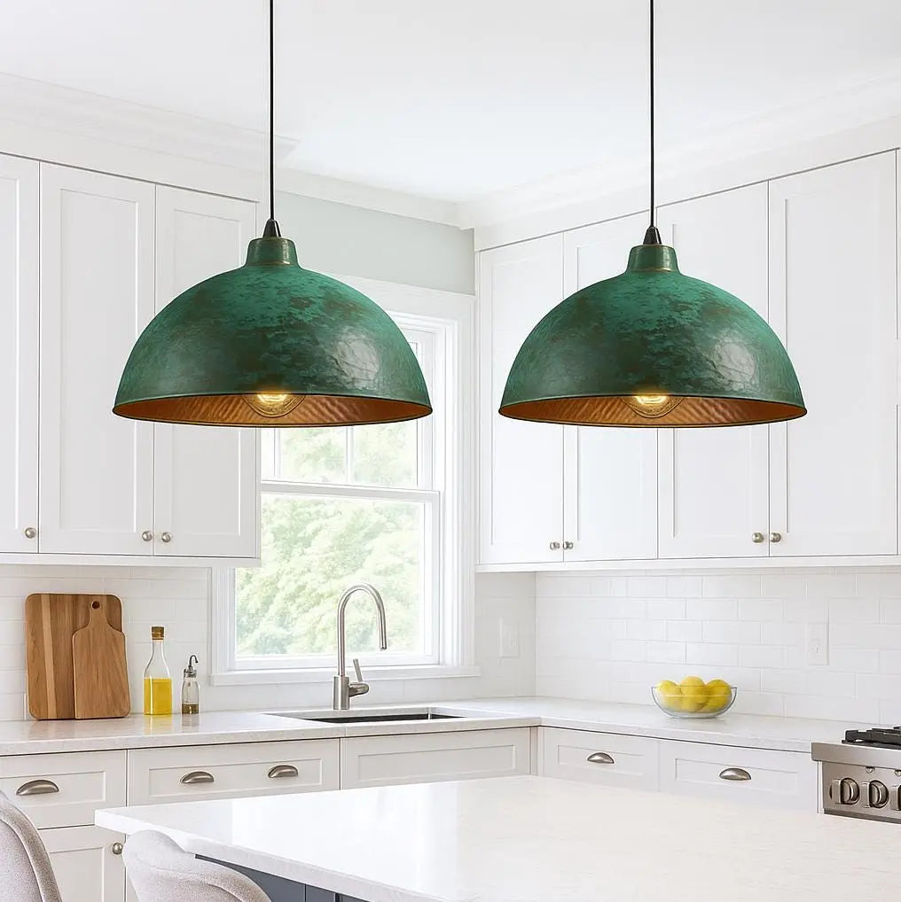 Handmade Patina Copper Pendant Light – Hammered Dome Kitchen Lamp – Moroccan Rustic Ceiling Fixture – Green &amp; Copper Lighting Soukdecor