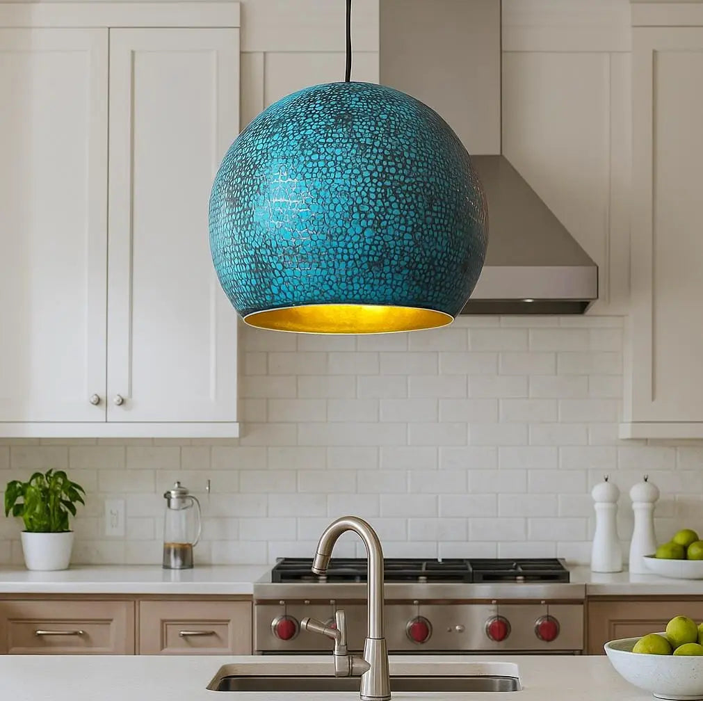 Handmade Round Pendant Light – Moroccan Turquoise Hammered Brass Globe – Boho Kitchen Island Lighting – Gold Interior Lamp Soukdecor