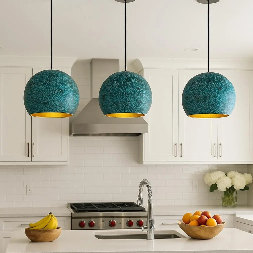 Handmade Round Pendant Light – Moroccan Turquoise Hammered Brass Globe – Boho Kitchen Island Lighting – Gold Interior Lamp Soukdecor