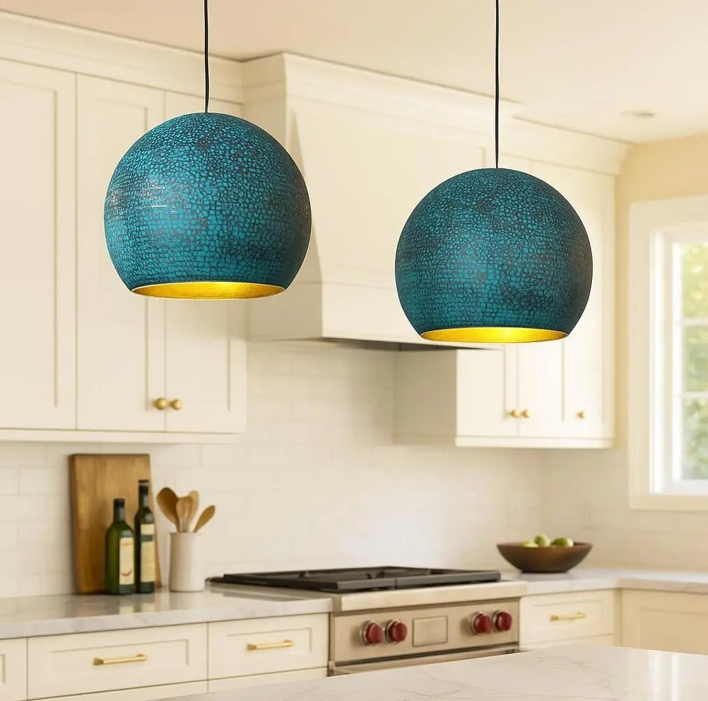 Handmade Round Pendant Light – Moroccan Turquoise Hammered Brass Globe – Boho Kitchen Island Lighting – Gold Interior Lamp Soukdecor
