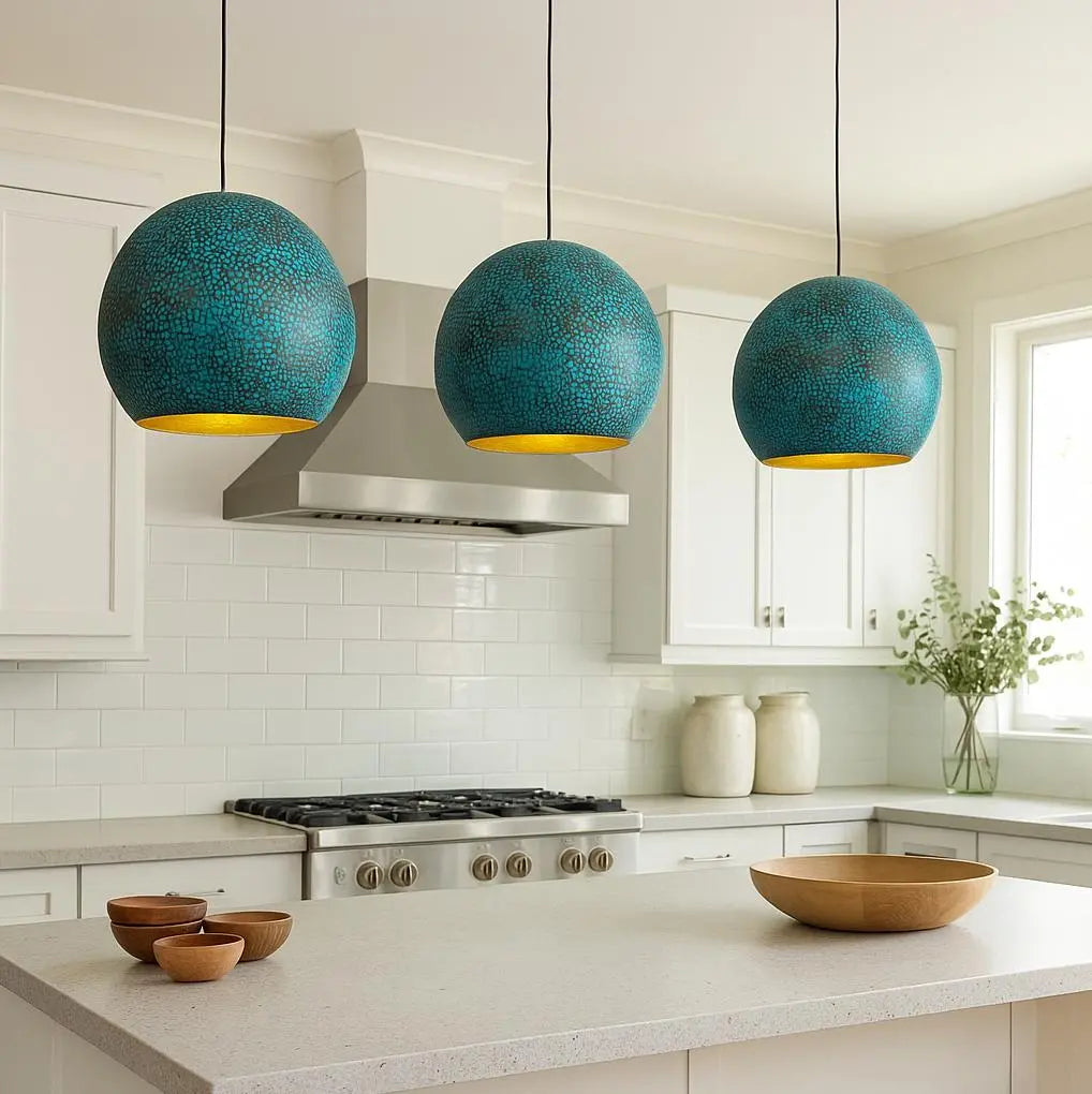Handmade Round Pendant Light – Moroccan Turquoise Hammered Brass Globe – Boho Kitchen Island Lighting – Gold Interior Lamp Soukdecor