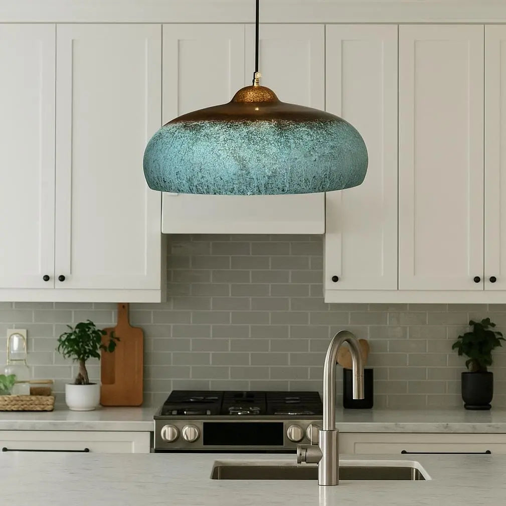Handmade Wide Dome Pendant Light – Copper &amp; Patina Ceiling Lamp – Moroccan Kitchen Island Lighting – Rustic Boho Hanging Fixture Soukdecor