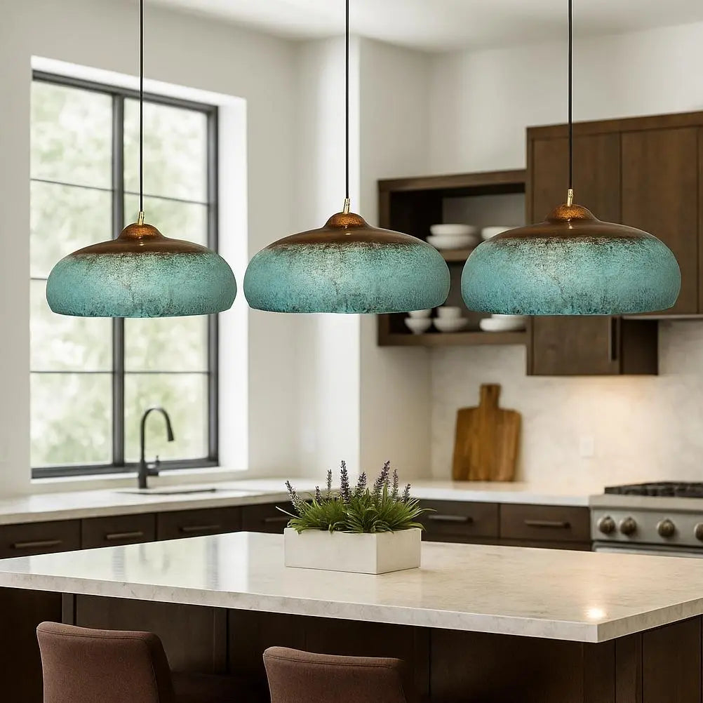 Handmade Wide Dome Pendant Light – Copper &amp; Patina Ceiling Lamp – Moroccan Kitchen Island Lighting – Rustic Boho Hanging Fixture Soukdecor