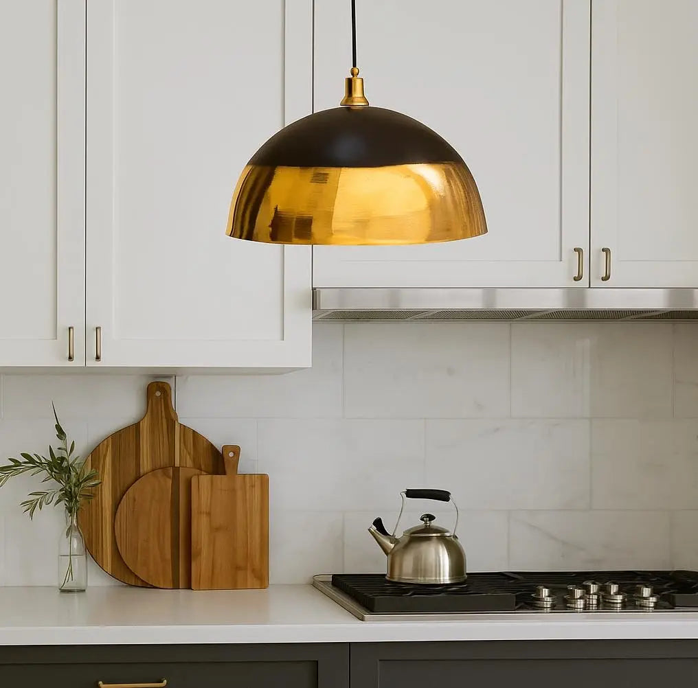 Handmade Brass Dome Pendant Light – Black &amp; Gold Ceiling Lamp – Modern Kitchen Island Lighting – Moroccan Artisan Hanging Fixture Soukdecor