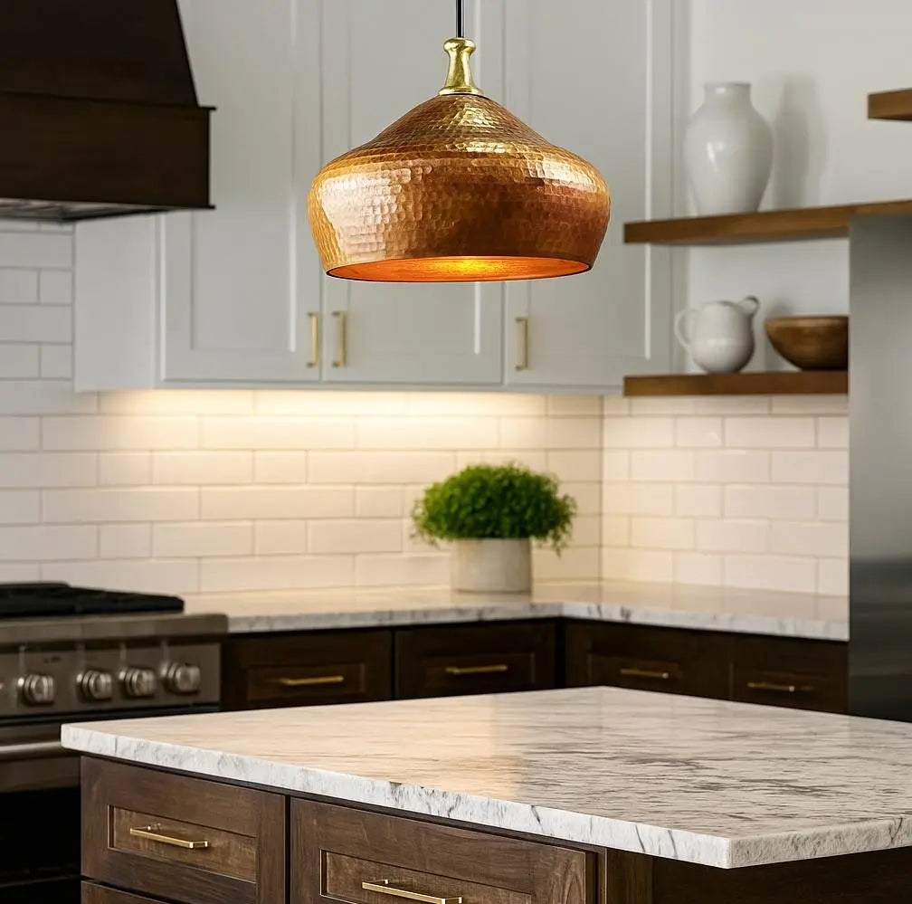 Handmade Hammered Copper Pendant Light – Moroccan Flared Dome Lamp – Rustic Kitchen Island Lighting – Brass Top Ceiling Fixture Soukdecor