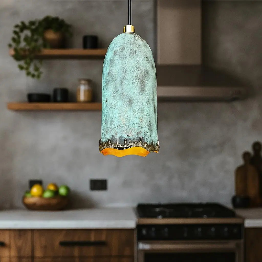 Handmade Patina Copper Pendant Light – Rustic Bell-Shaped Ceiling Lamp for Kitchen or Dining Room Soukdecor