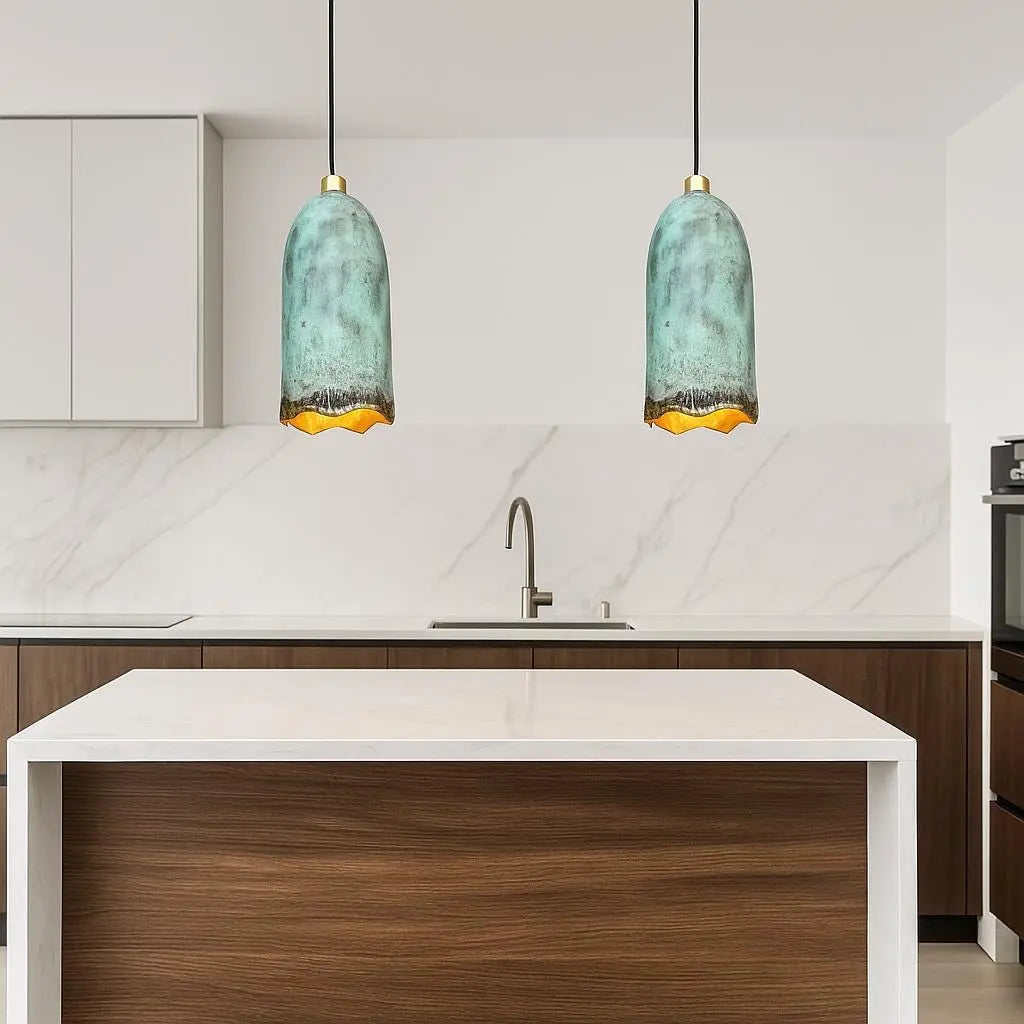 Handmade Patina Copper Pendant Light – Rustic Bell-Shaped Ceiling Lamp for Kitchen or Dining Room Soukdecor