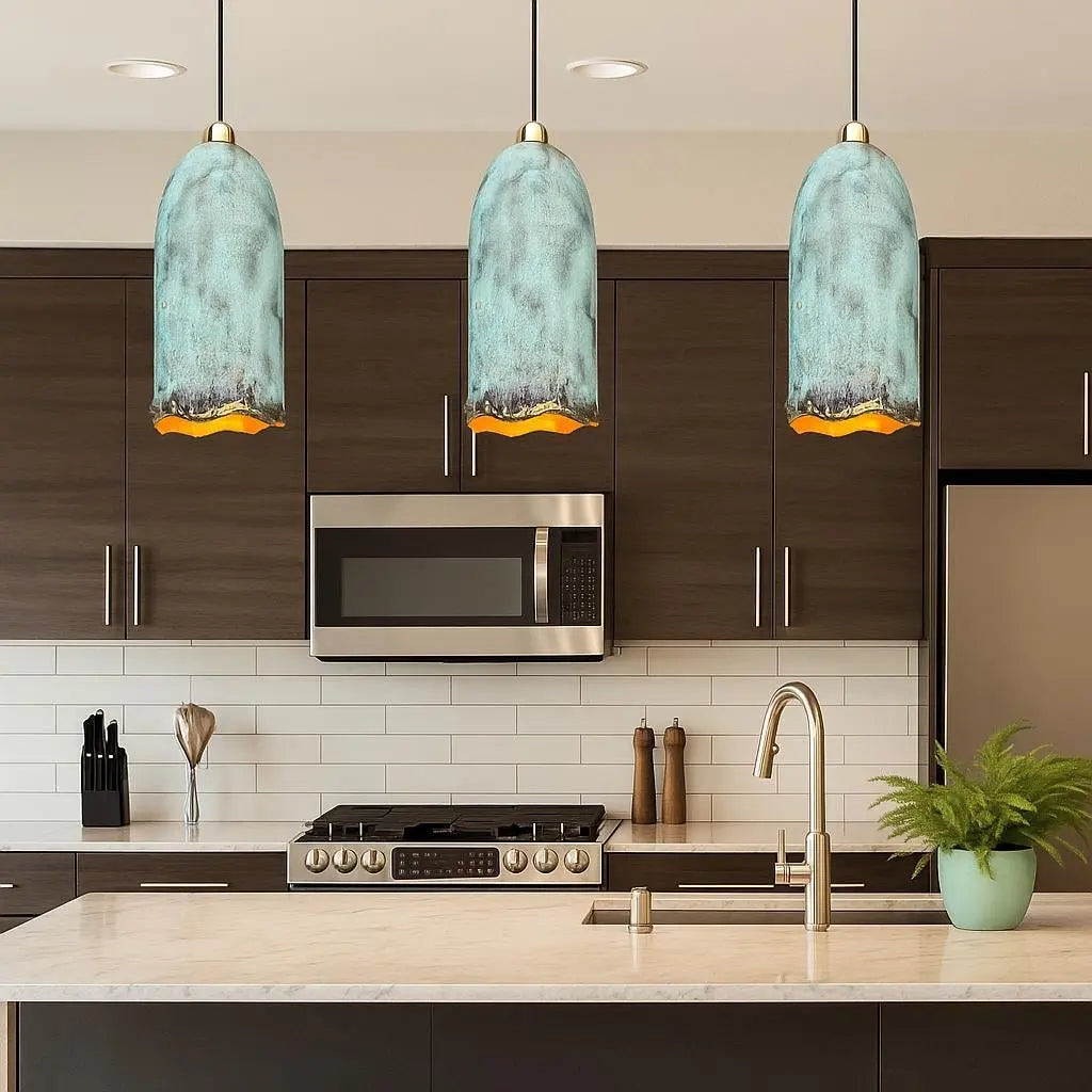 Handmade Patina Copper Pendant Light – Rustic Bell-Shaped Ceiling Lamp for Kitchen or Dining Room Soukdecor