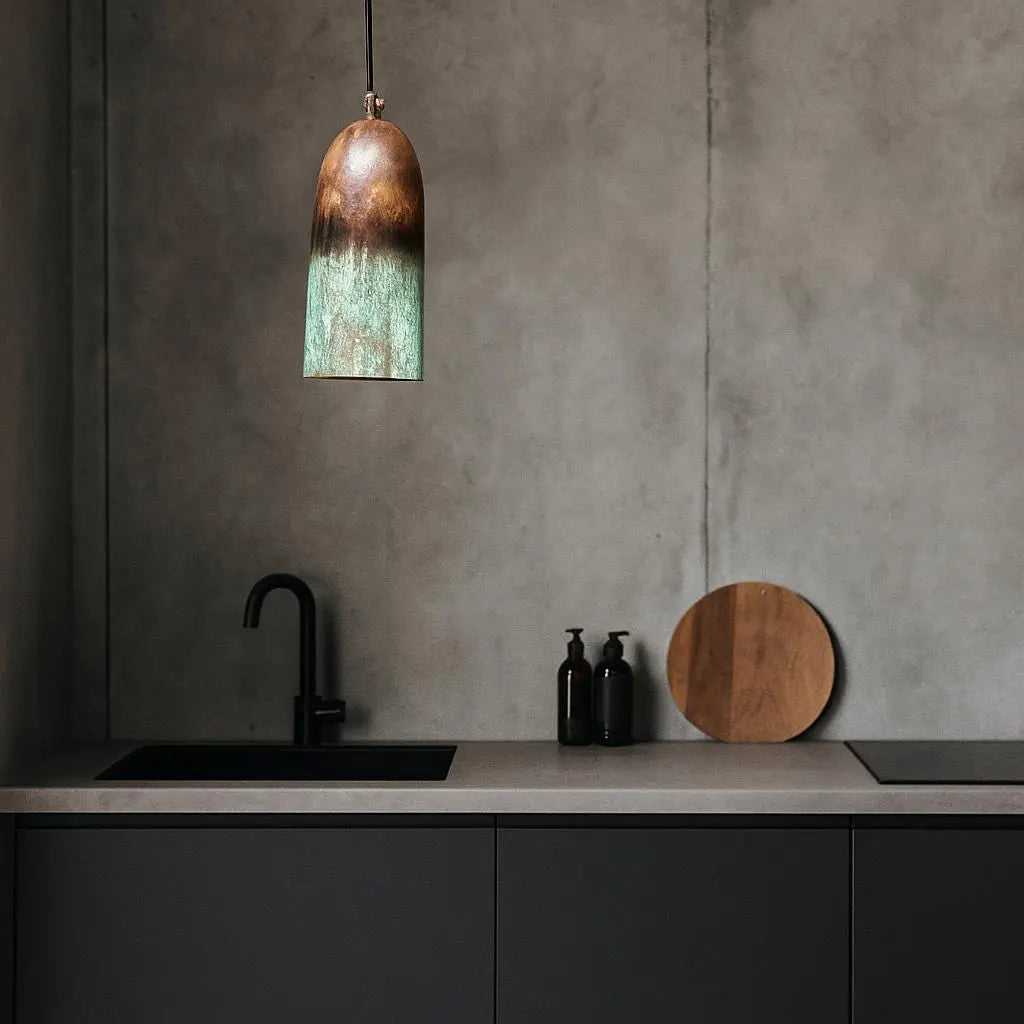 Handmade Copper Pendant Light – Rustic Patina Cylinder Ceiling Lamp for Kitchen or Modern Interiors Soukdecor