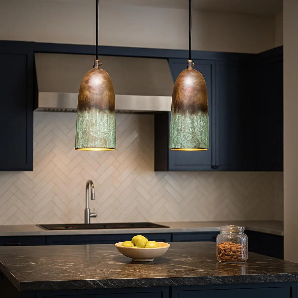Handmade Copper Pendant Light – Rustic Patina Cylinder Ceiling Lamp for Kitchen or Modern Interiors Soukdecor